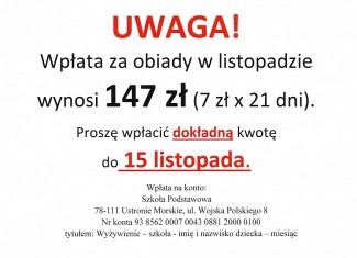 Wpłata za obiady w listopadzie