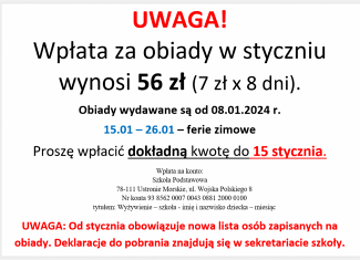 Wpłata za obiady w styczniu