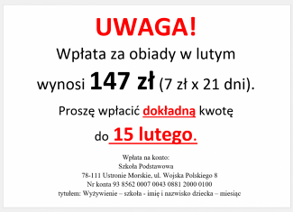 Wpłata za obiady w lutym