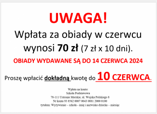 Wpłata za obiady w czerwcu