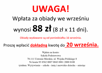 Wpłata za obiady we wrześniu