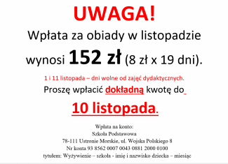 Wpłata za obiady w listopadzie