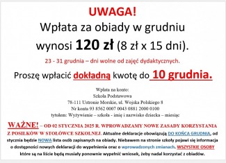 Wpłata za obiady w grudniu